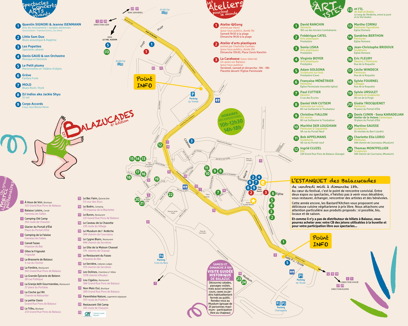 Le Plan détaillé des Balazucades 2026, avec tous les lieux et évènements du festival ainsi que les partenaires.